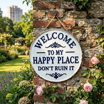 Vintage Round Metal Sign – “Welcome to My Happy Place Don’t Ruin It” Garden Wall Decor